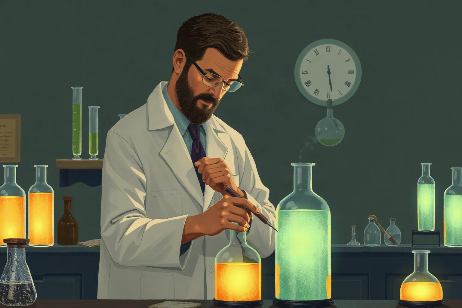 Illustration of a scientist in a laboratory coat examining glowing vials in an early 1900s lab