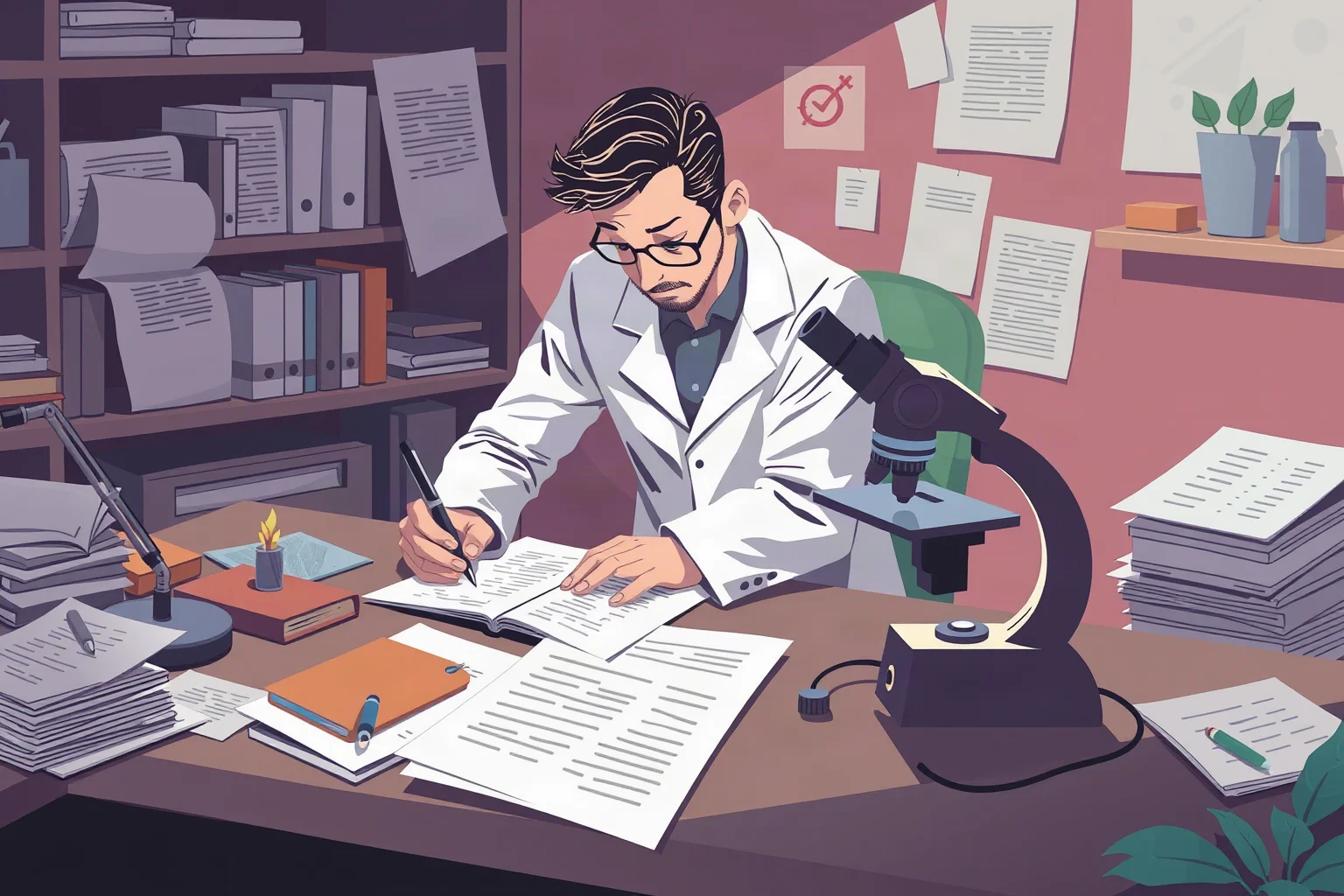 Illustration of a scientist writing notes at a desk covered in research papers and a microscope
