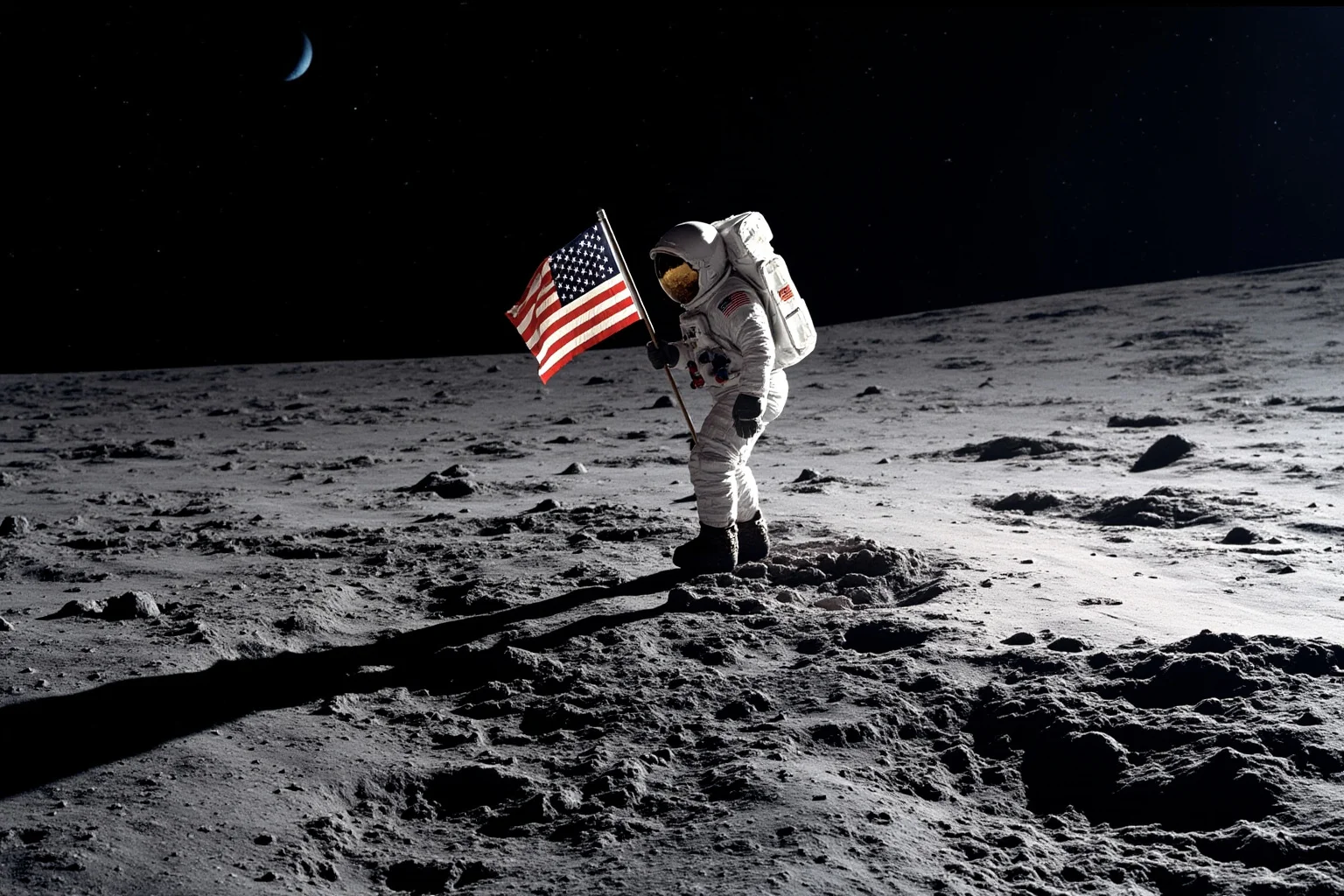 Illustration of a second astronaut figure planting a flag on the lunar surface beside footprints, dramatic low sunlight