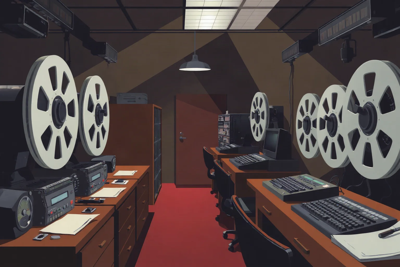 Illustration of a secretive wartime computing room with reel-to-reel machines and dim lighting