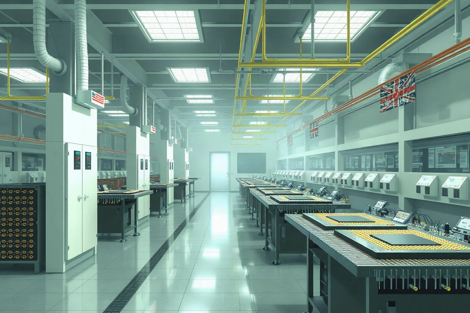 Illustration of a semiconductor fabrication lab with rows of early computer chips
