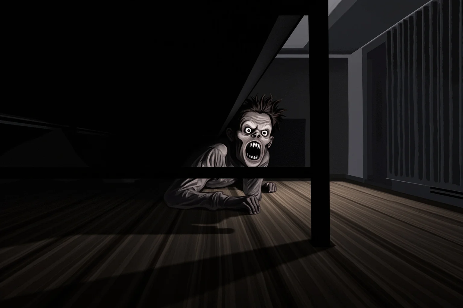 Illustration of a shadowy boogeyman figure peeking out from beneath a child's bed in a dim room