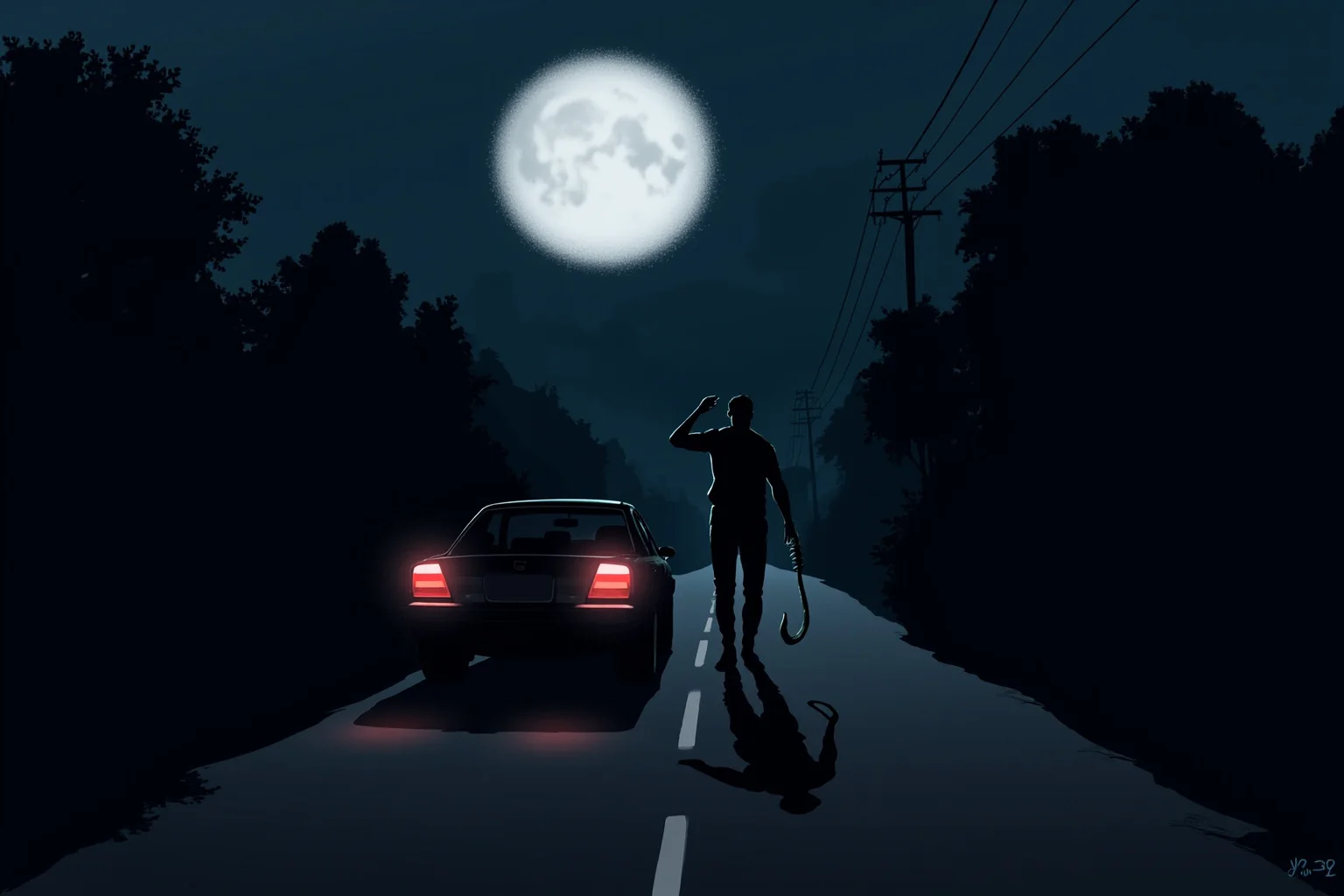 Illustration of a shadowy figure with a hook silhouette standing beside a parked car on a dark lovers' lane road