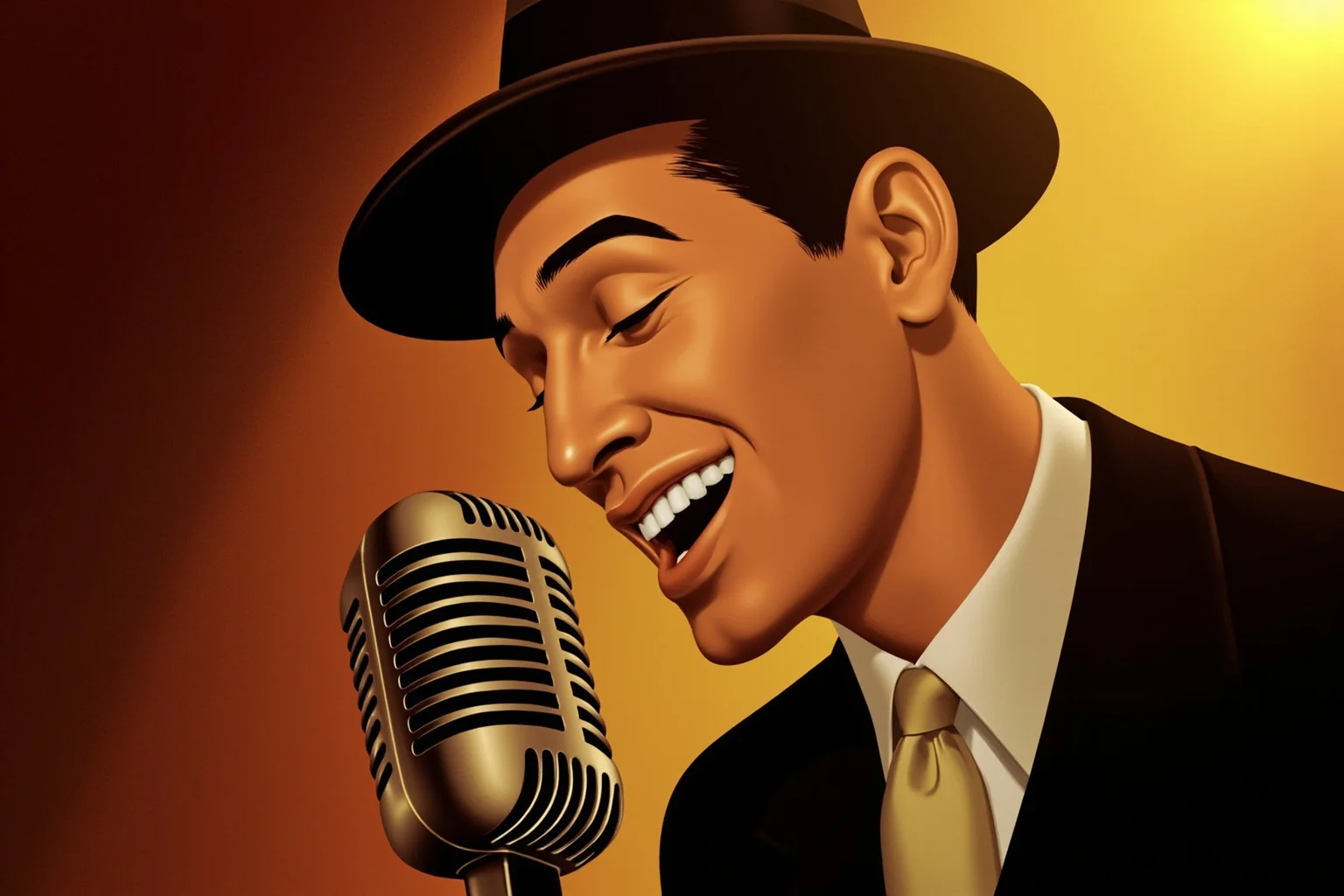 Illustration of a sharp-suited 1950s crooner singing close to a vintage microphone in a recording studio, warm golden tones