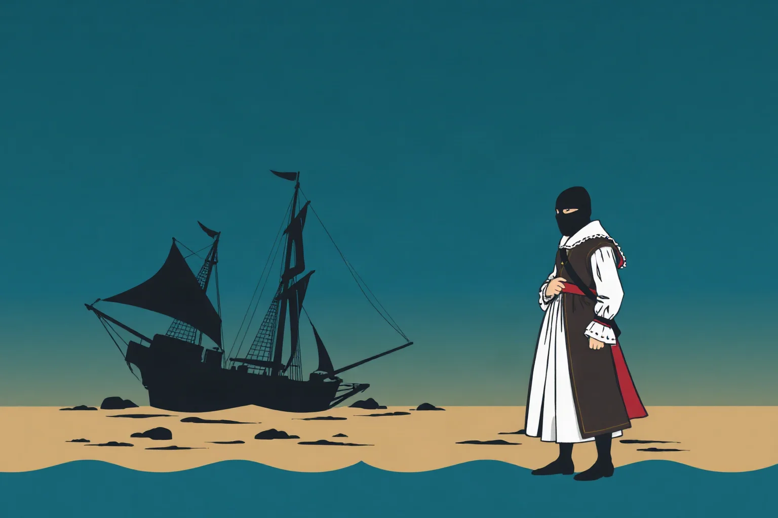 Illustration of a shipwreck silhouette and a disguised figure in Elizabethan clothing, evoking Twelfth Night