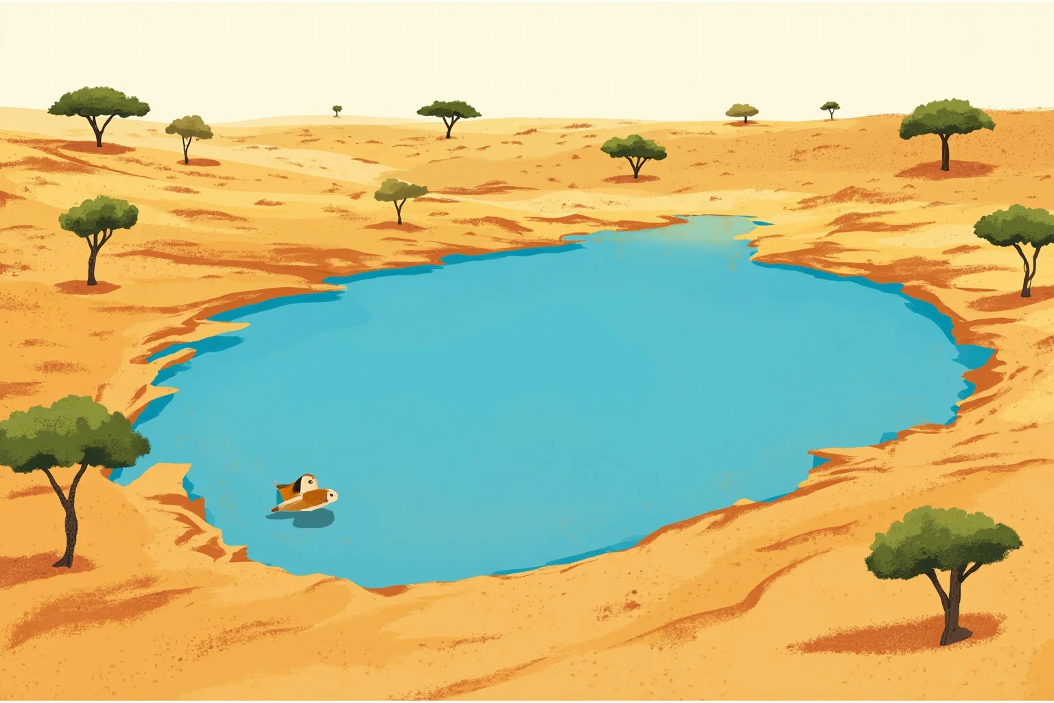 Illustration of a shrinking blue lake surrounded by dry Sahel landscape and scattered acacia trees