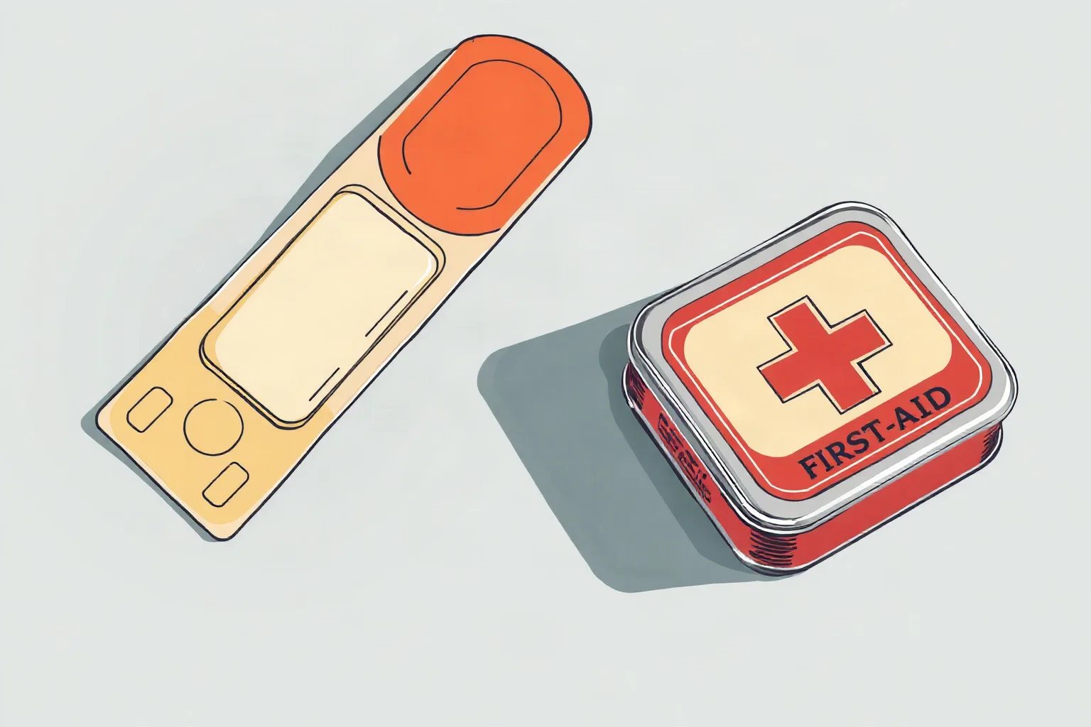 Illustration of a simple adhesive bandage strip and a small first-aid tin, vintage packaging style