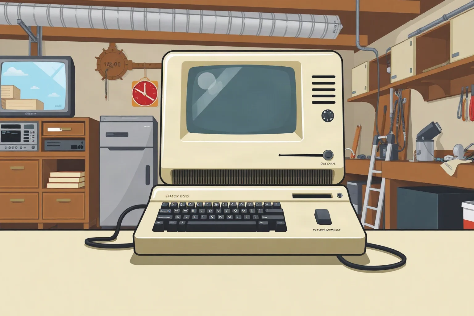 Illustration of a simple beige early personal computer on a desk in a 1970s garage workshop