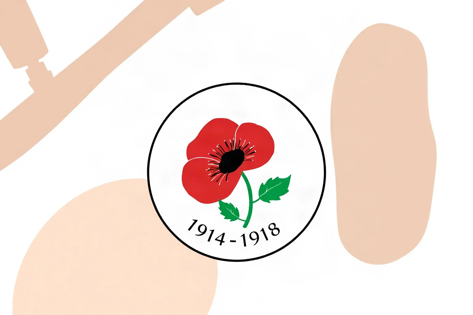 Illustration of a simple commemorative poppy emblem with faint dates 1914-1918 in the background