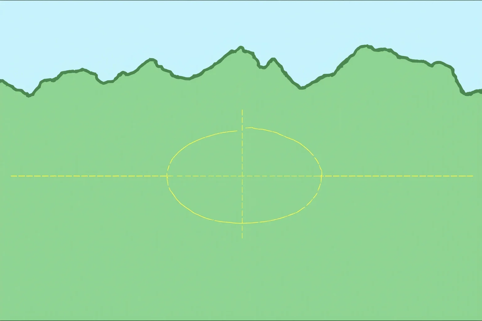 Illustration of a simple line map showing the equator crossing a green, mountainous landscape