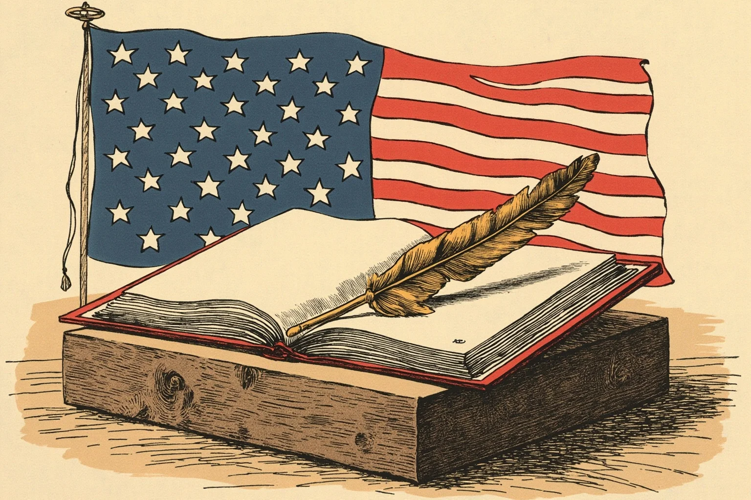 Illustration of a simple wooden inauguration platform with an open book and quill, early American flag in background, no visible faces