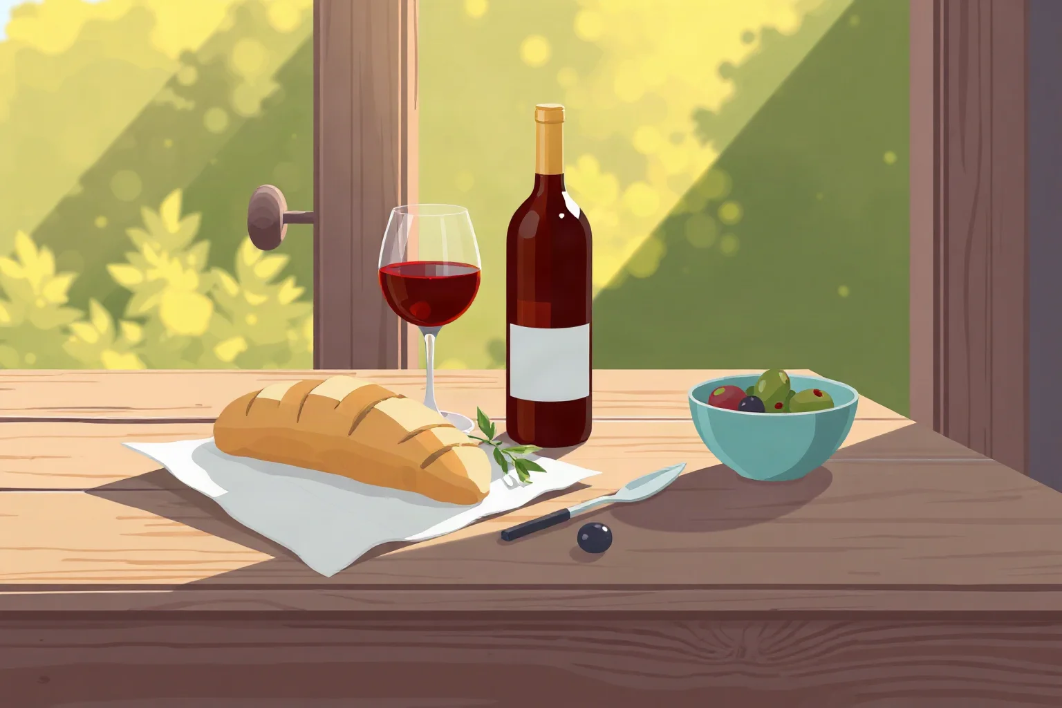 Illustration of a simple wooden table with bread, olives, and wine bathed in warm afternoon light
