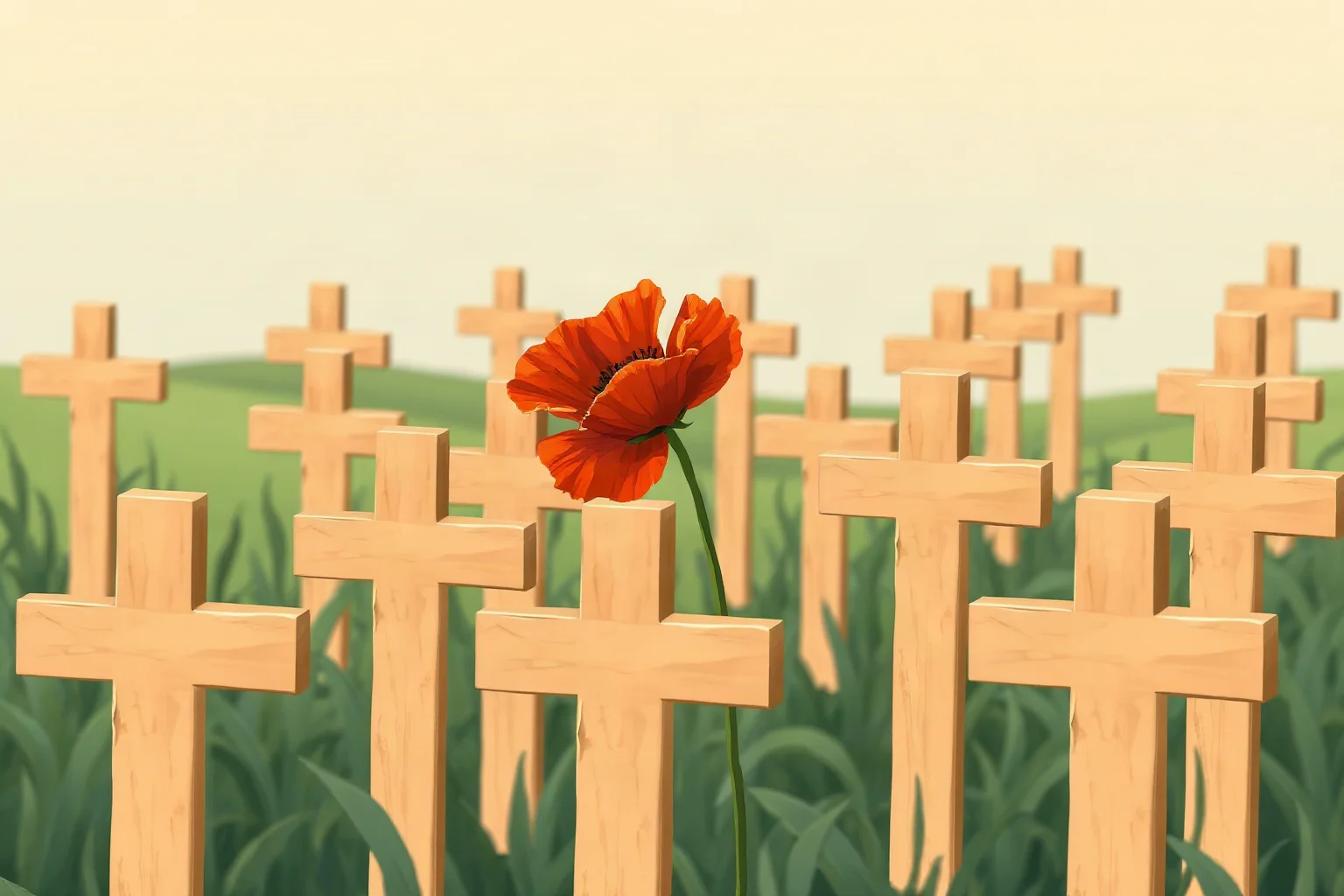 Illustration of a single red poppy growing among rows of simple wooden crosses in a field