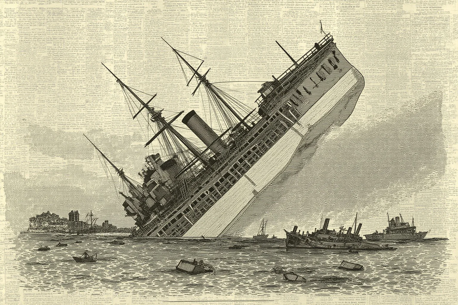 Illustration of a sinking battleship in a harbor with newspaper headlines overlay, 1898 style
