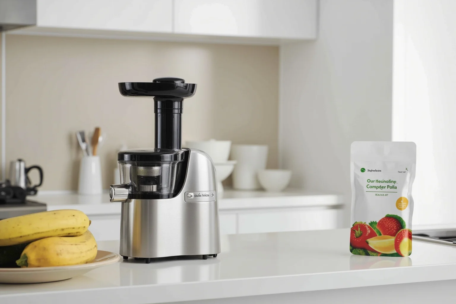 The Worst Inventions of All Time, Ranked 23 Illustration of a sleek countertop juicing machine next to a small juice pouch, modern kitchen scene