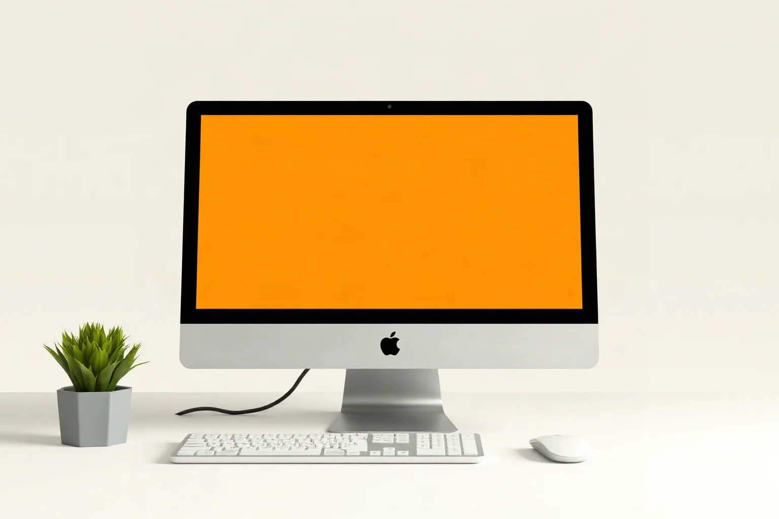 Illustration of a sleek early all-in-one personal computer on a minimalist desk