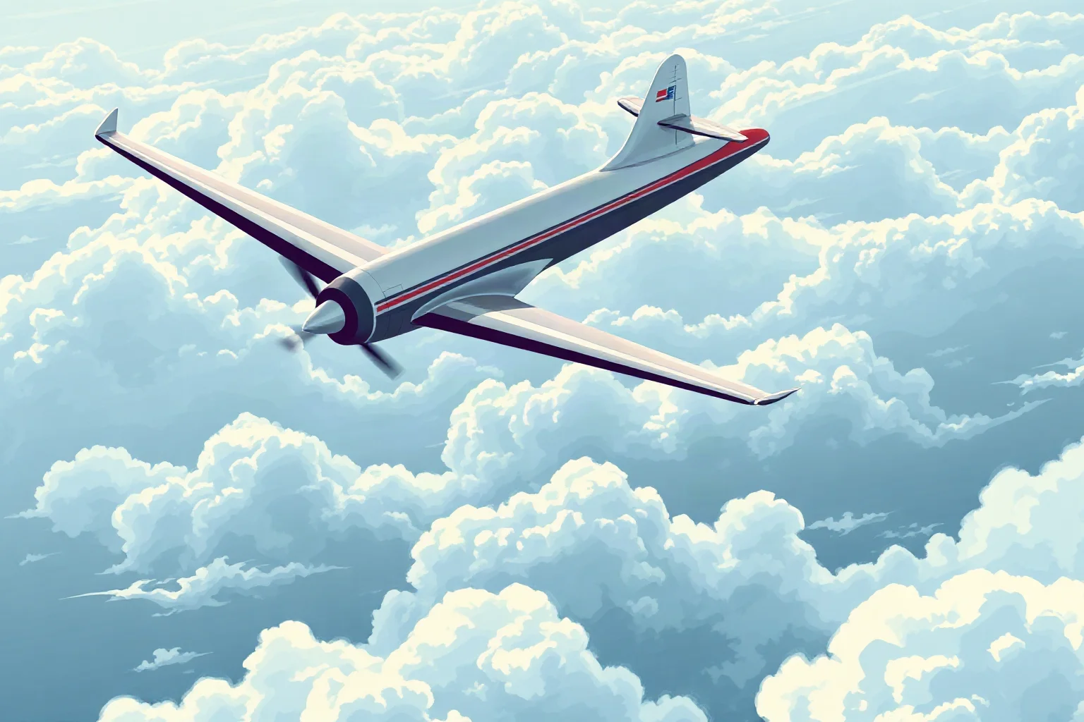 Illustration of a sleek early jet airplane climbing into the sky above clouds