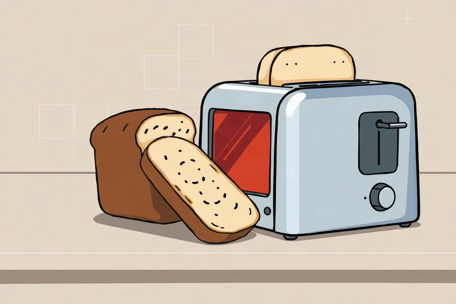 Illustration of a sliced loaf of bread next to an early boxy pop-up toaster on a kitchen counter