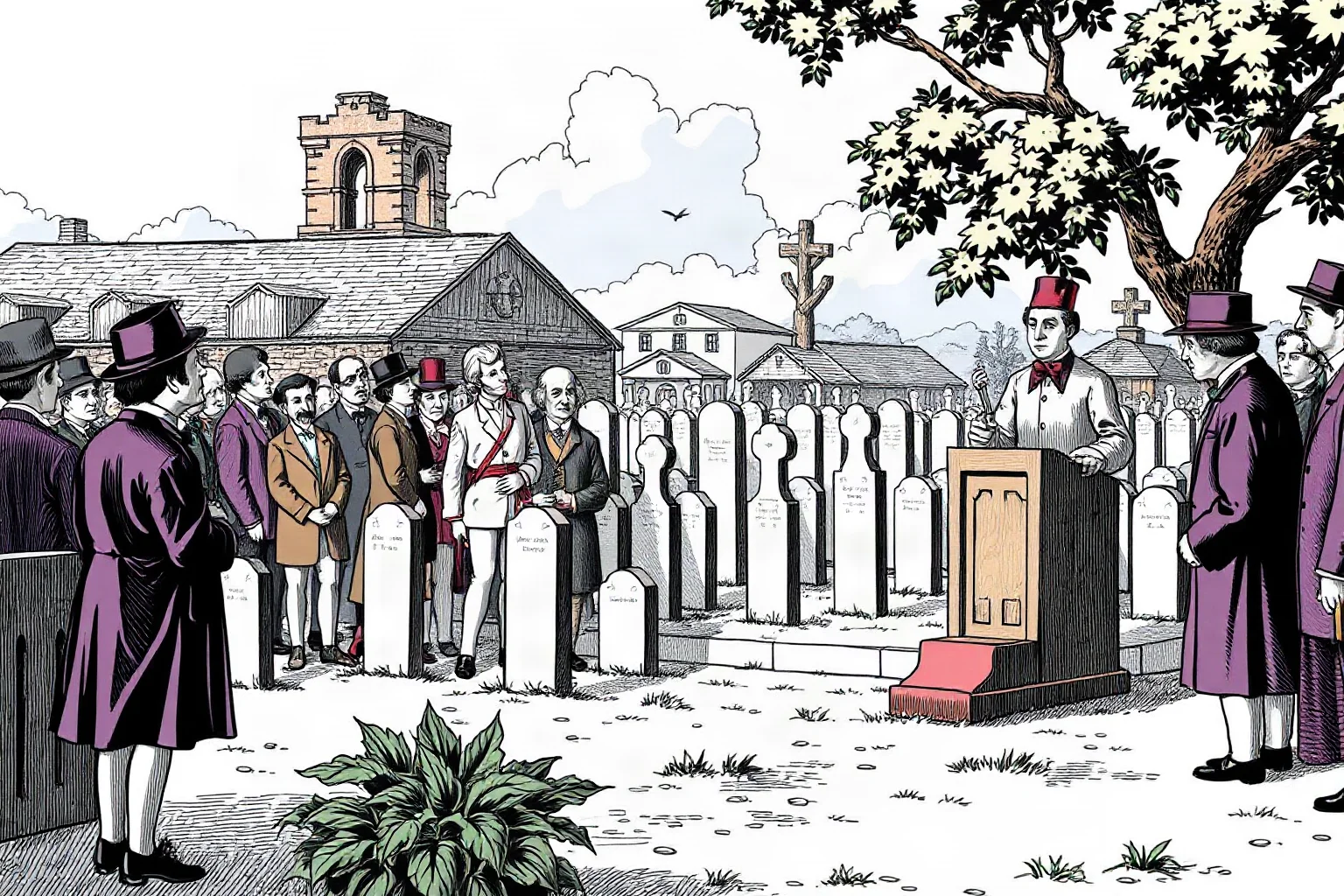 Illustration of a small 19th-century cemetery dedication ceremony with a crowd and speaker's podium