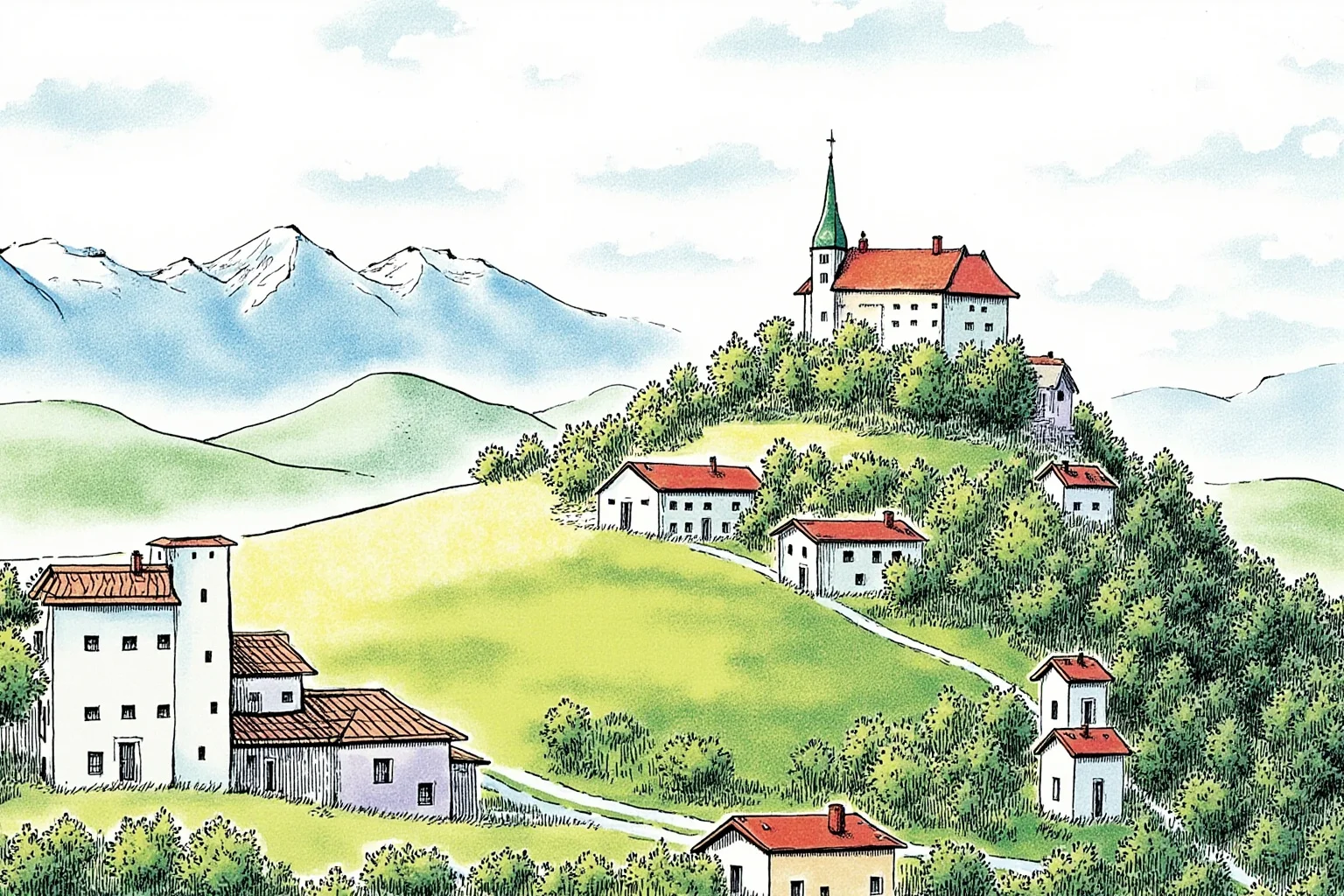 Illustration of a small alpine principality with a hilltop castle in the Alps