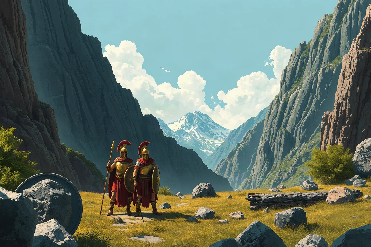 Illustration of a small band of ancient Greek warriors standing firm at a narrow mountain pass