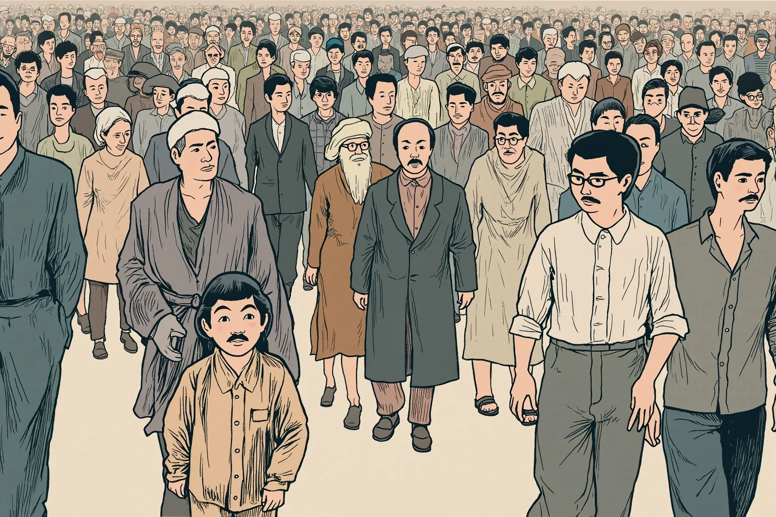 24 Historical Figures Who Became Martyrs for Their Cause 15 Illustration of a small, bespectacled man in simple cloth garments walking peacefully among a crowd