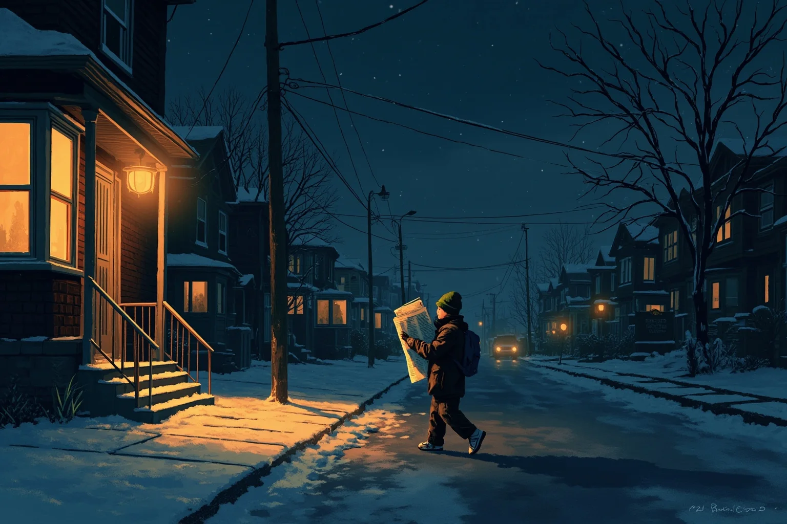 Walt Disney: 10 Controversies That Haunt Him & 10 Ways He Changed the World 12 Illustration of a small boy delivering newspapers on a dark, snowy Midwestern street before sunrise, warm nostalgic tone