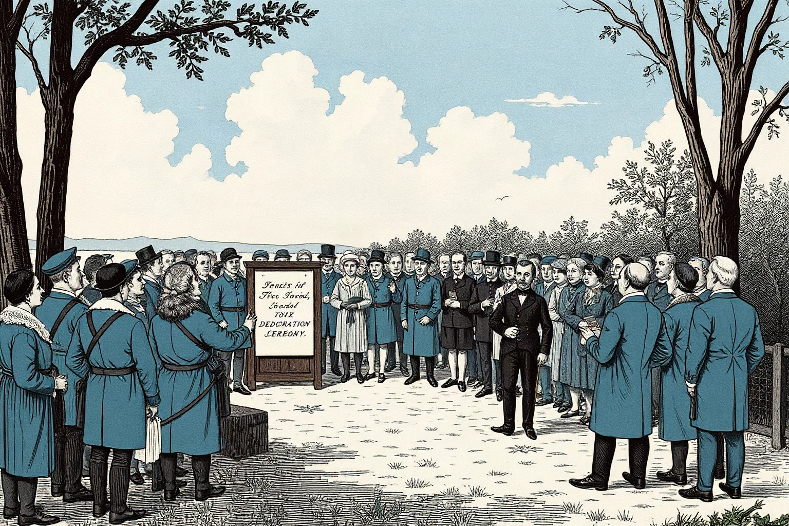 Illustration of a small crowd gathered around a wooden podium at an outdoor dedication ceremony in the 1860s