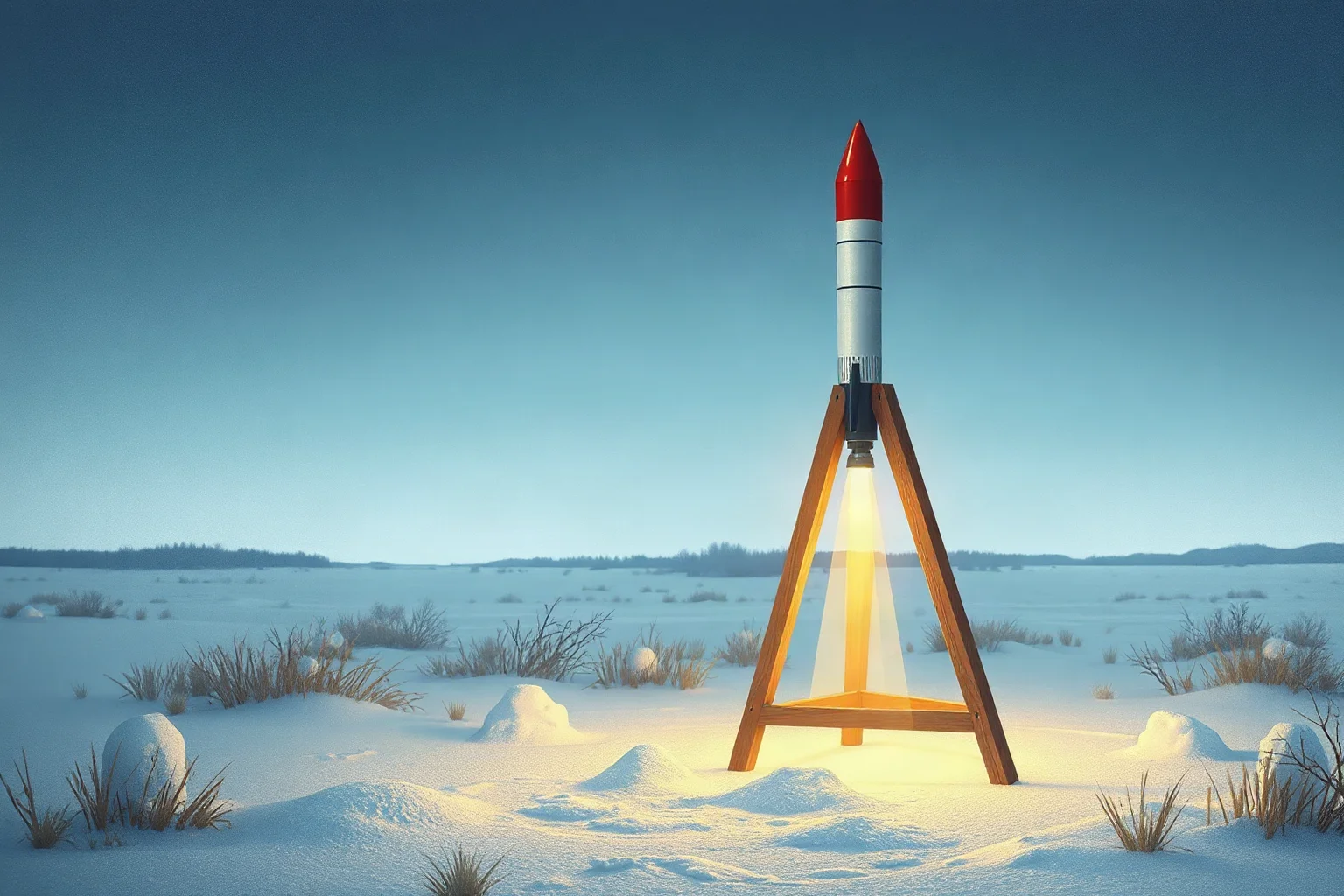 Illustration of a small early liquid-fueled rocket standing upright on a wooden launch frame in a snowy field