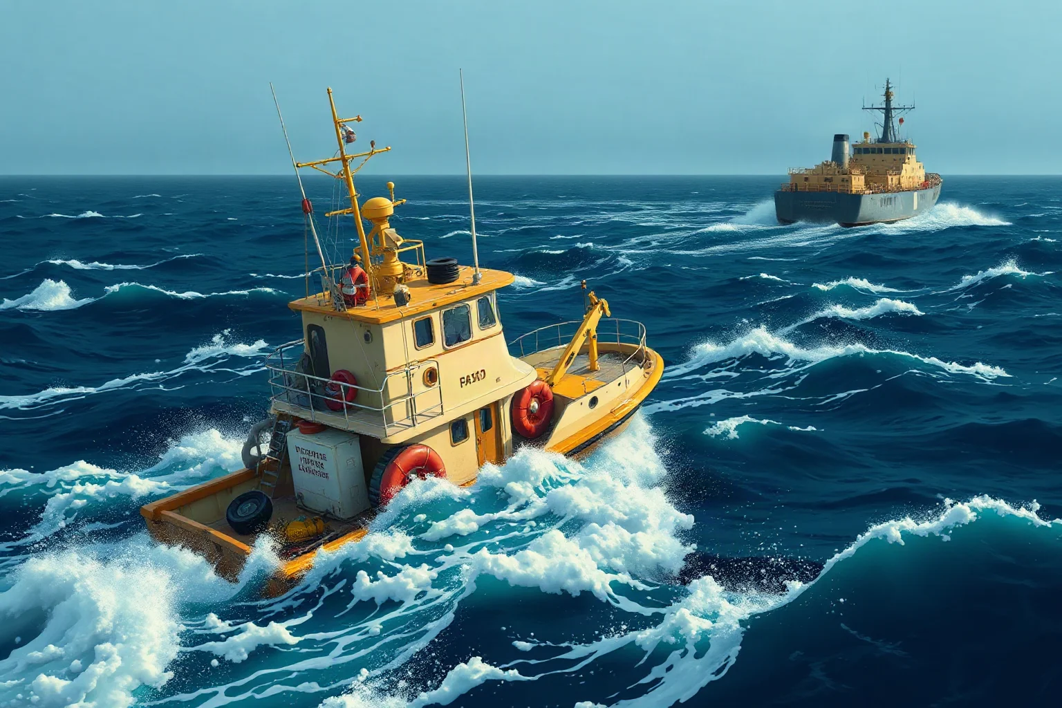 Illustration of a small fishing trawler and a patrol ship confronting each other in rough North Atlantic waters