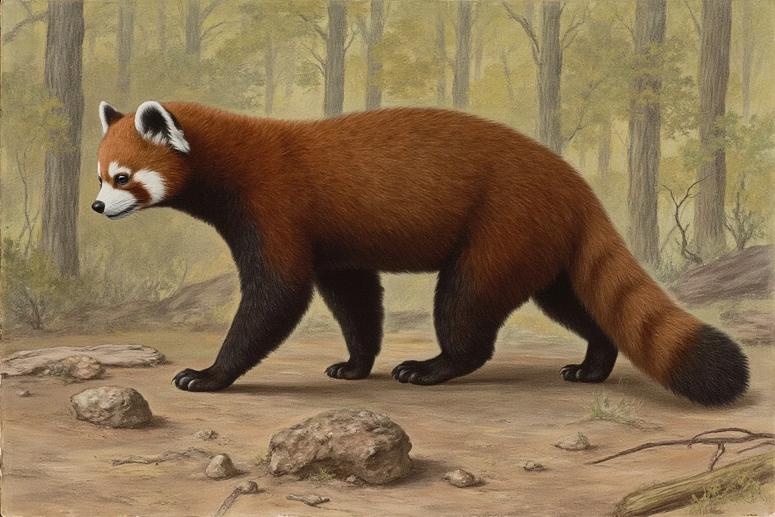 Illustration of a small fossil red panda relative, Pristinailurus bristoli, in a Miocene forest setting in ancient Tennessee