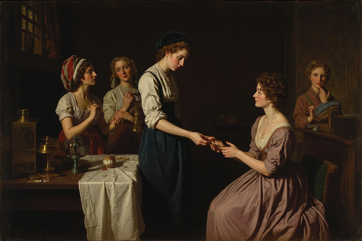 How an All-Female Gang Changed the Face of Crime in 19th Century London 12 Illustration of a small group of women in a dim back room, one handing coins to another, period clothing