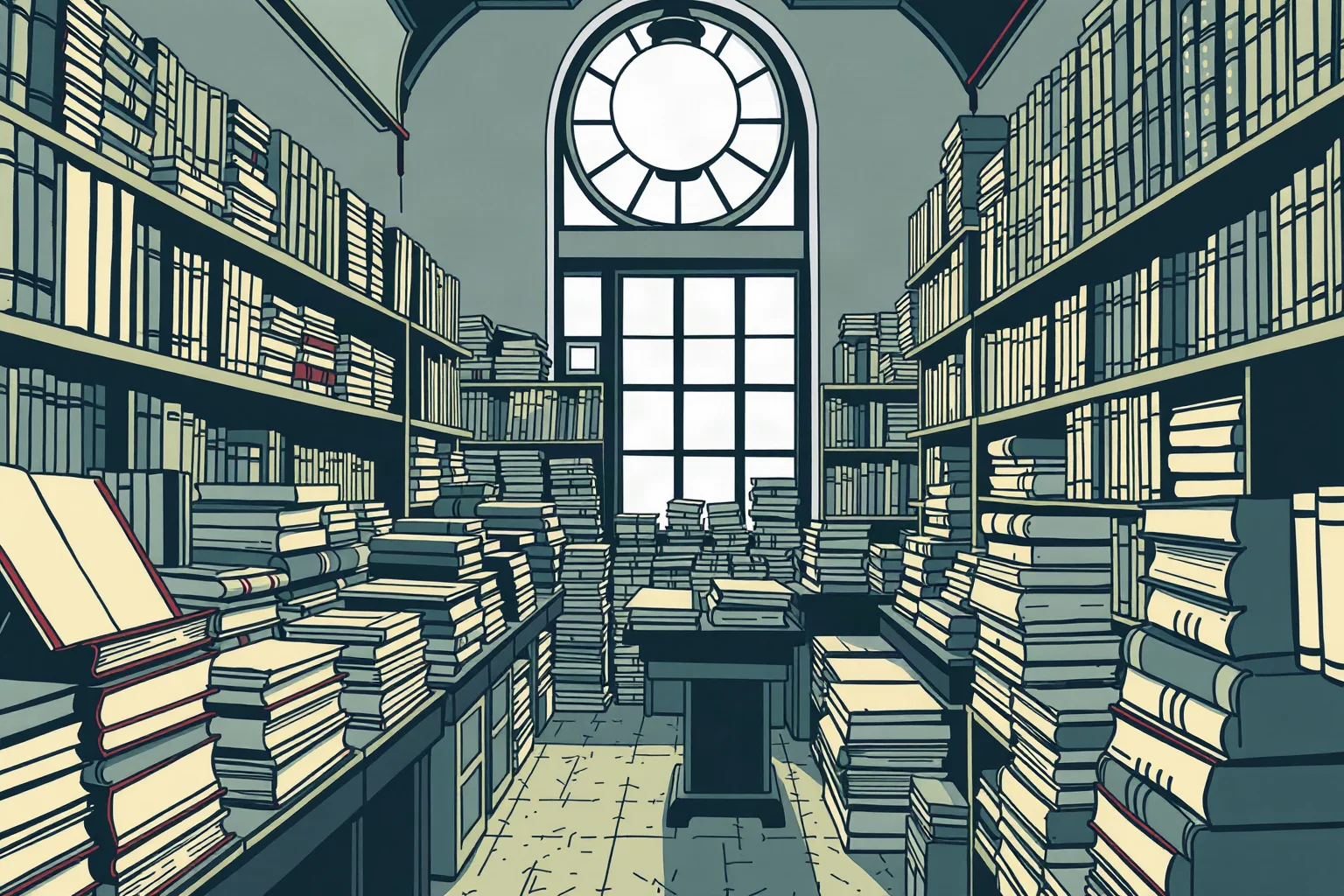Illustration of a small independent Paris print shop with stacks of freshly bound books, 1920s aesthetic