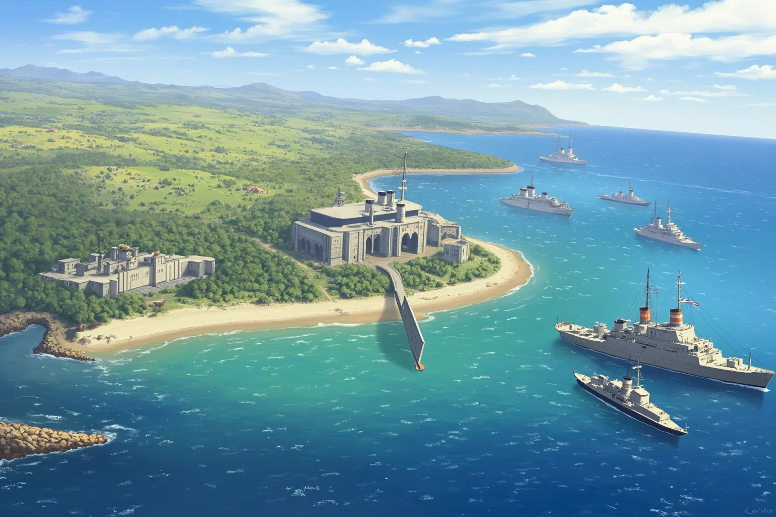 Illustration of a small island coastline with military ships approaching, South Atlantic setting