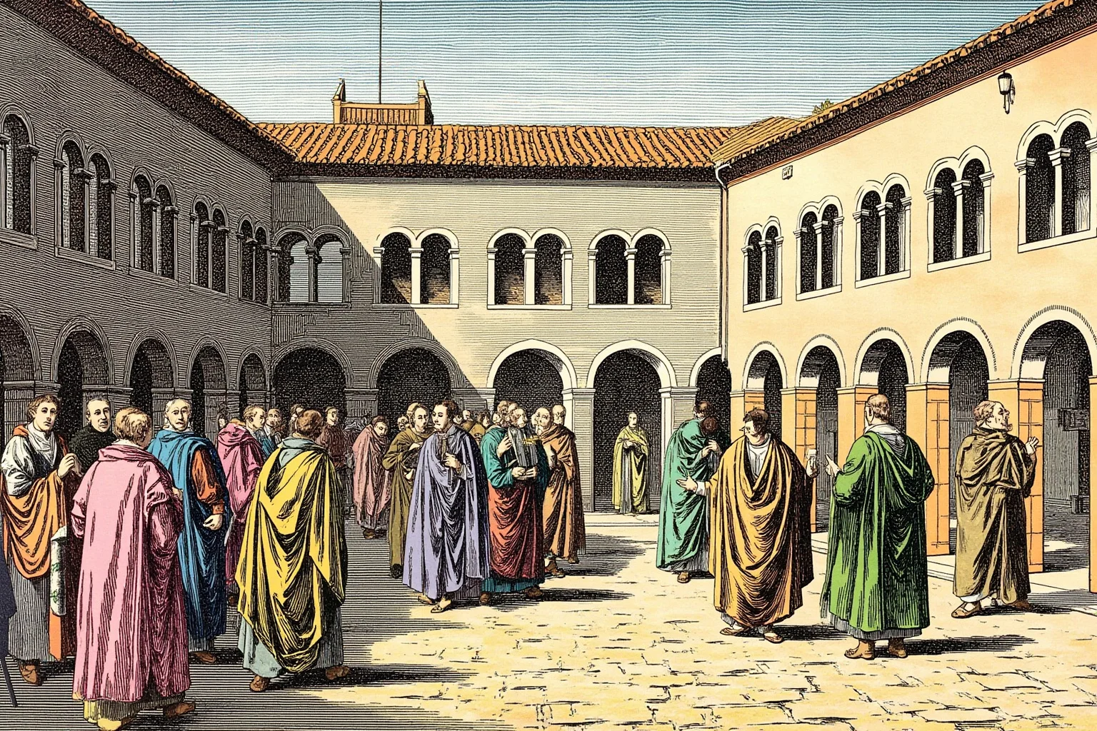 Illustration of a small medieval Italian university courtyard in Modena with scholars in robes