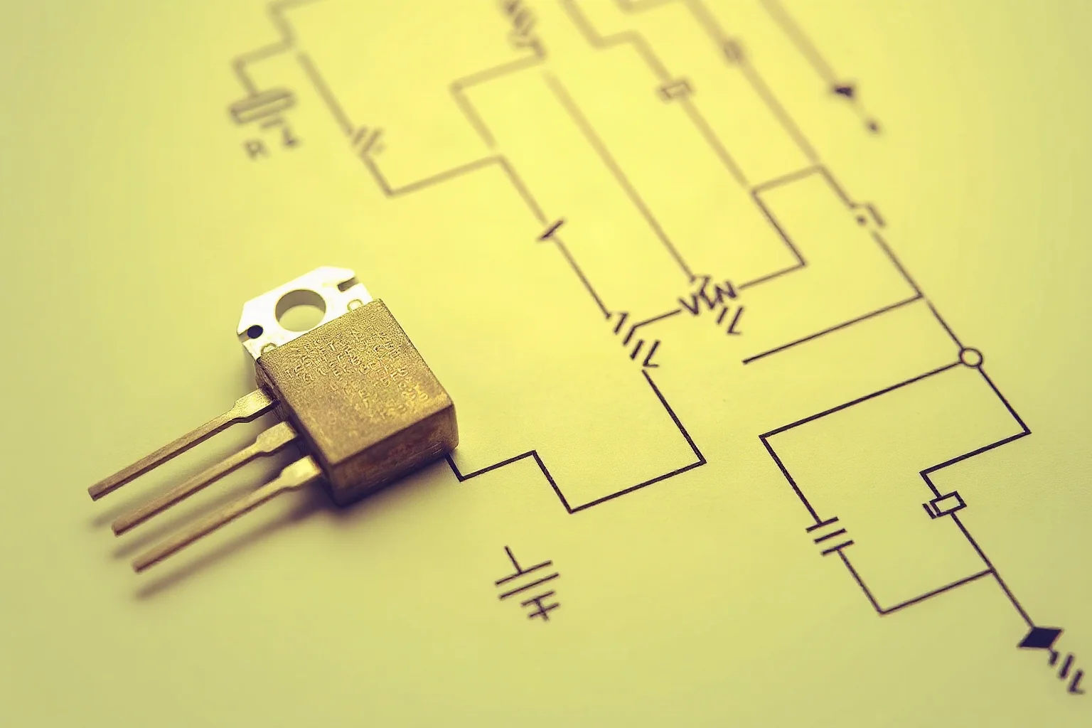 Illustration of a small metal transistor component resting on a circuit diagram sketch