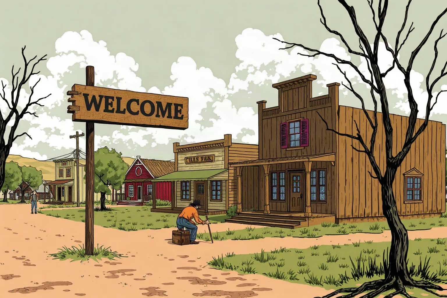 Illustration of a small prairie town square with a welcome sign being repainted, 1860s Midwest
