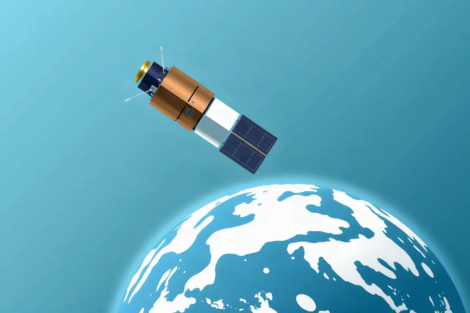 Illustration of a small satellite with extended antennas orbiting above a blue and white Earth