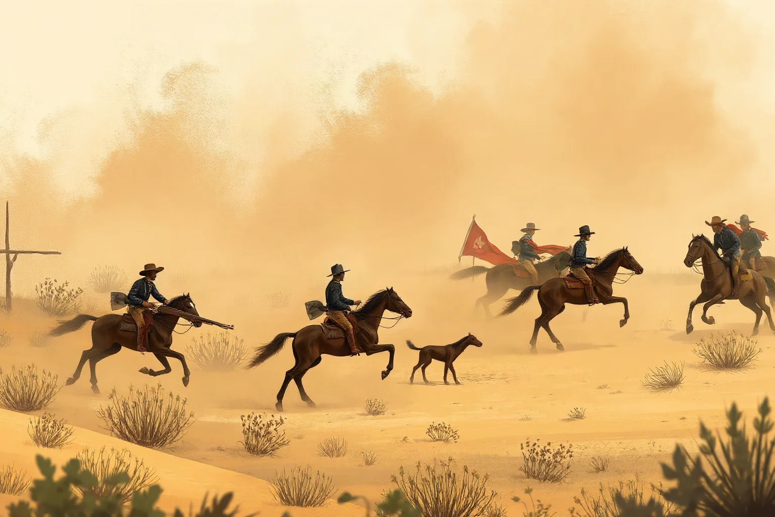 Illustration of a small skirmish in a dusty Texas landscape with Civil War soldiers, calm and historical tone