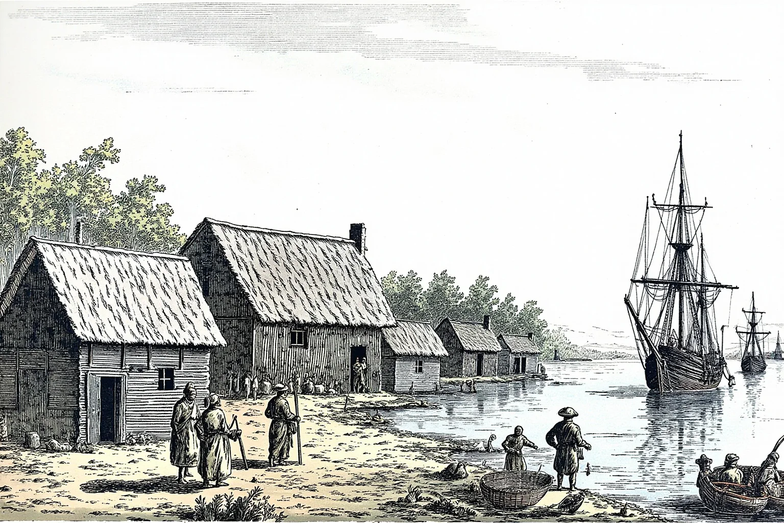 Illustration of a small St. Lawrence river village with Indigenous longhouses and a French explorer's ship