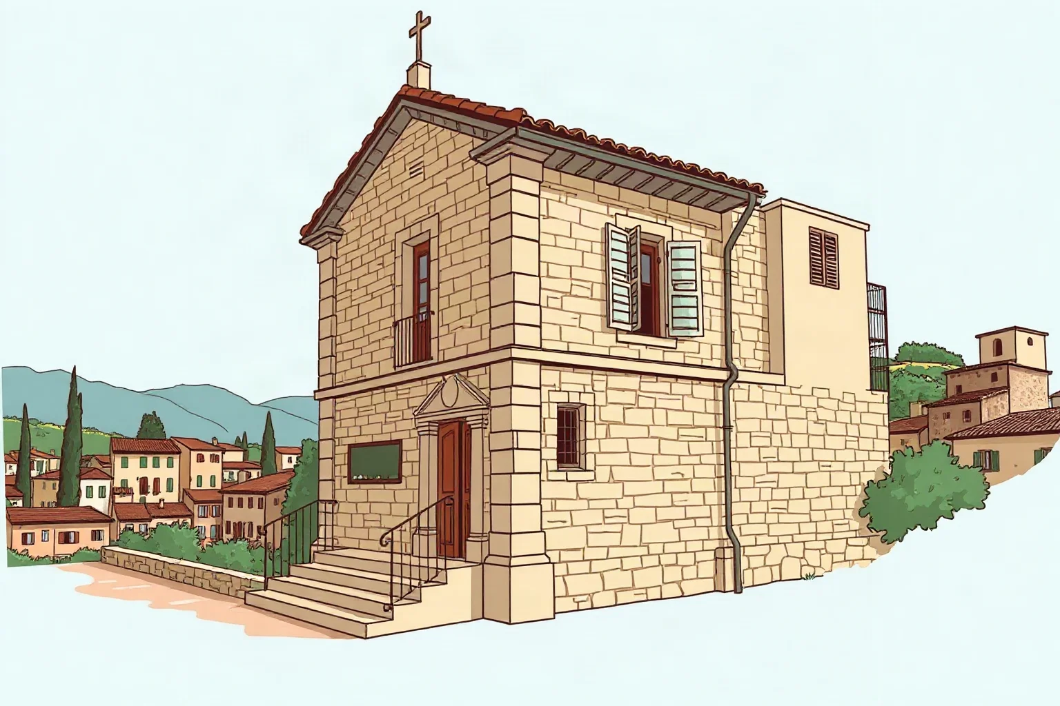 Back to Class: The 20 Oldest Universities in the World 14 Illustration of a small stone Italian university hall in Perugia with hillside town views in the background