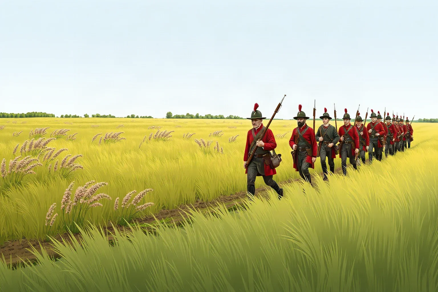 Illustration of a small volunteer militia company marching through tall prairie grass, 1830s style