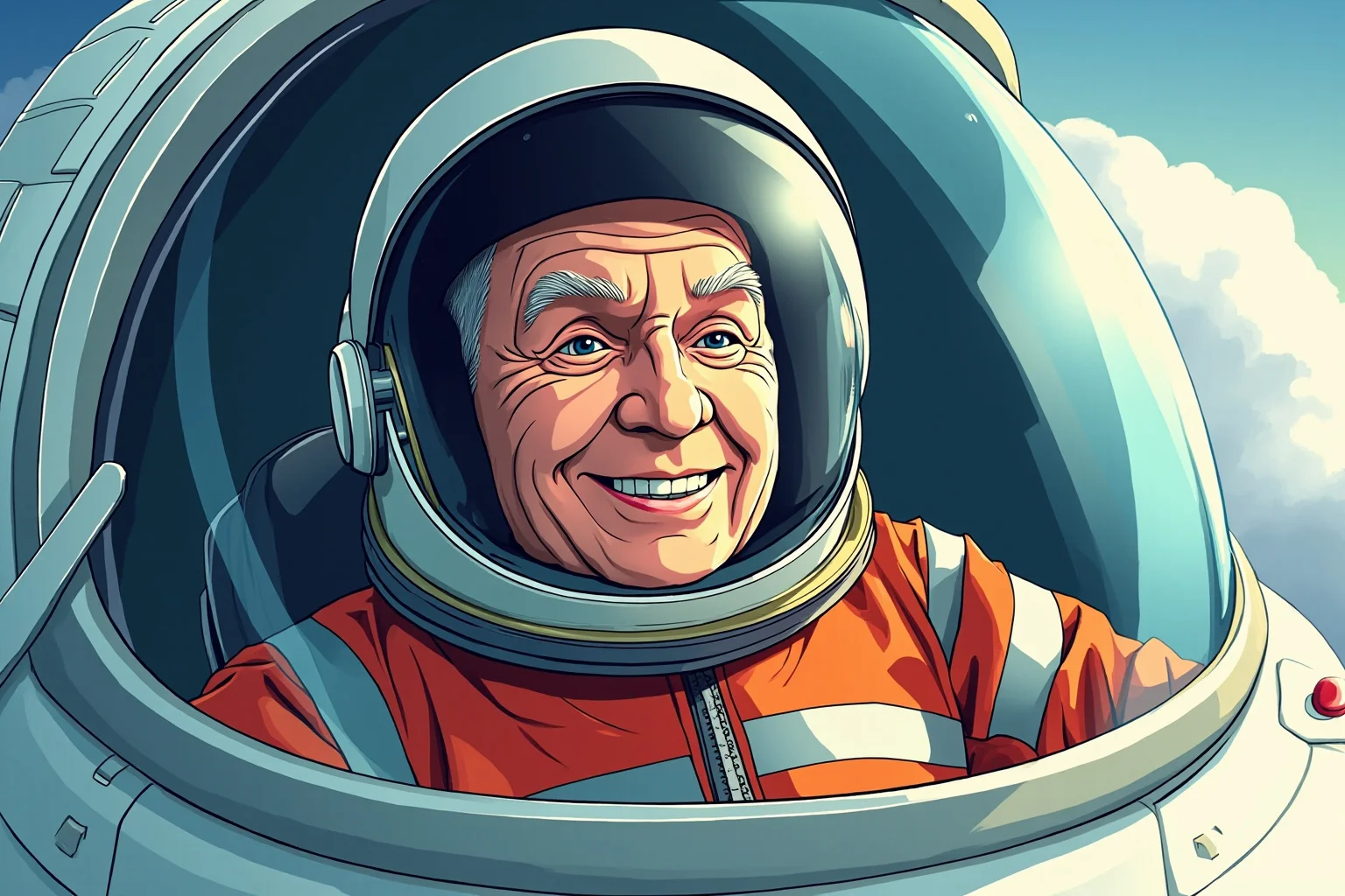 Illustration of a smiling elderly passenger in a simple flight suit and helmet aboard a small commercial suborbital capsule window