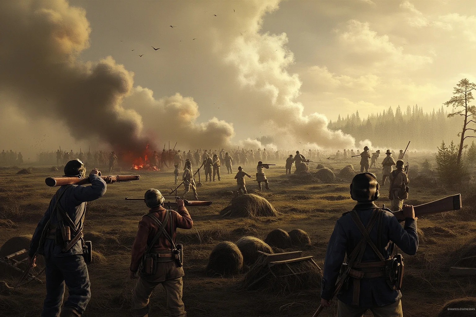 Illustration of a smoky Civil War battlefield with distant riflemen and trench works, dramatic historical war art style