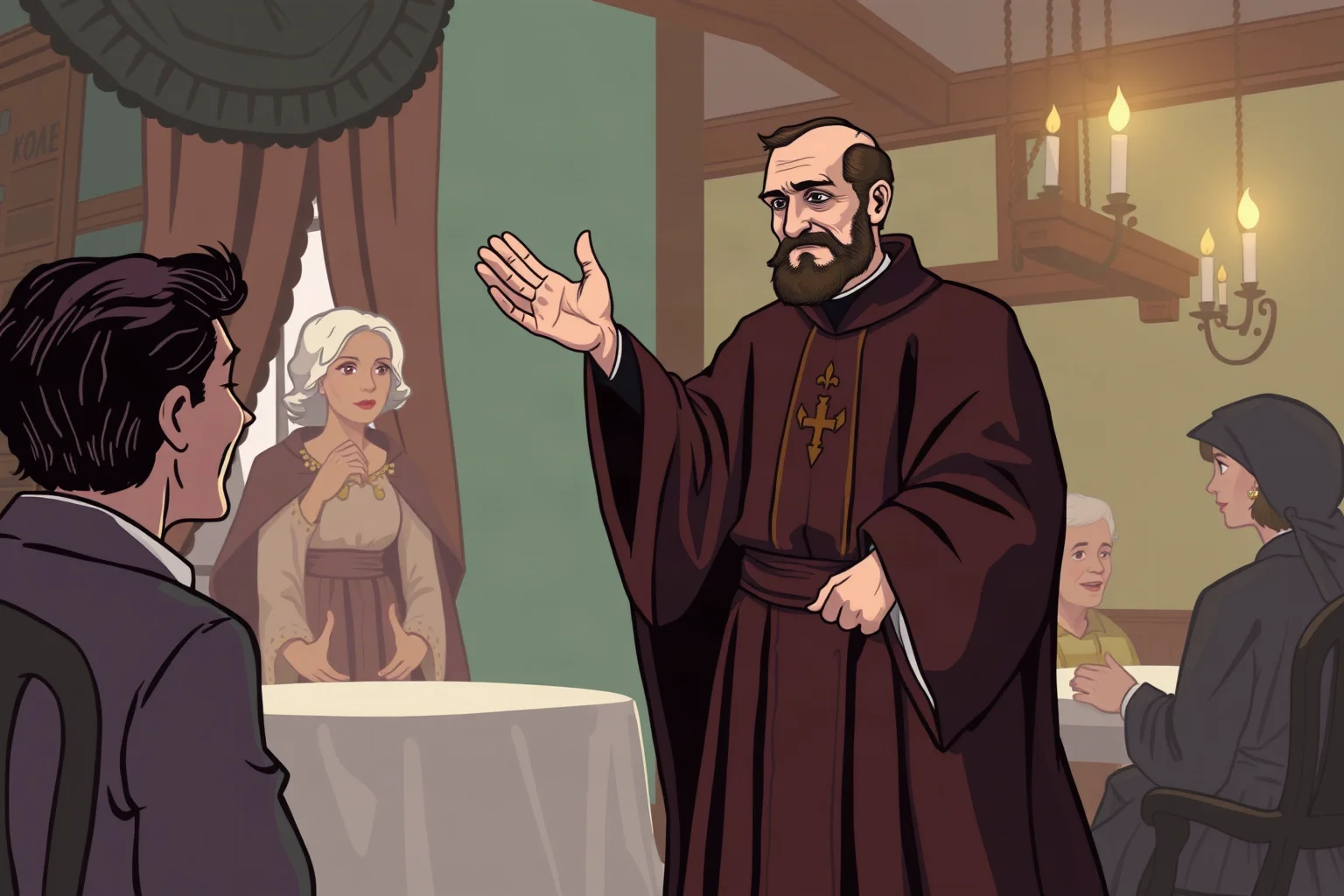 Illustration of a smug con man in dark clerical-style robes charming a wealthy household, evoking Tartuffe