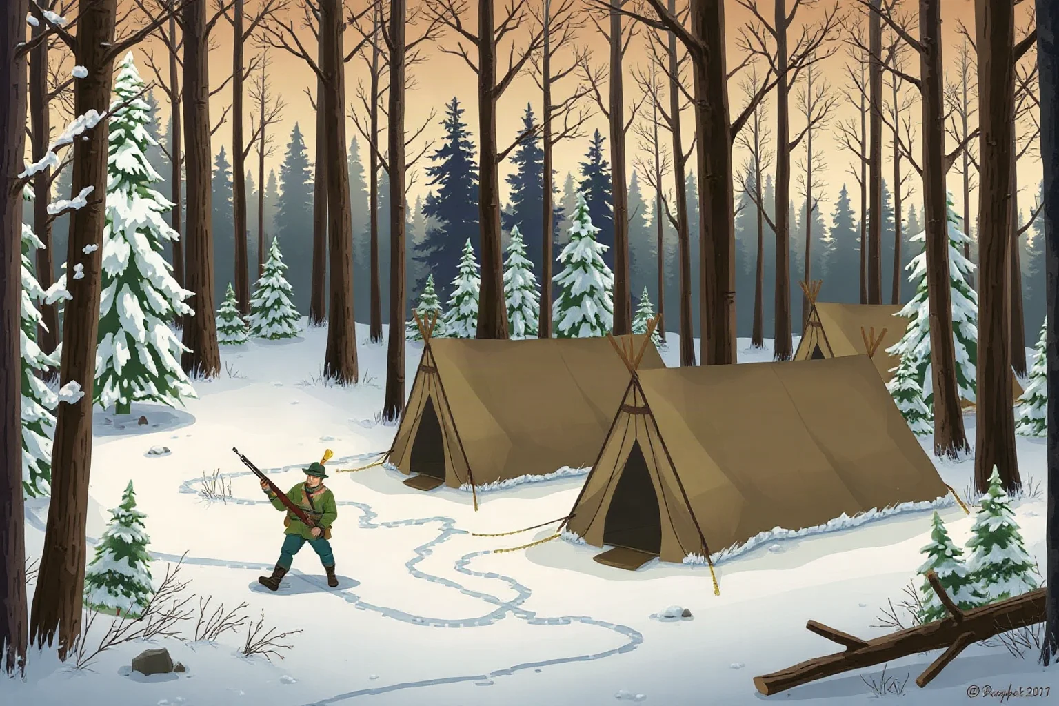 Illustration of a snowy forest border outpost with militia tents representing the Aroostook War