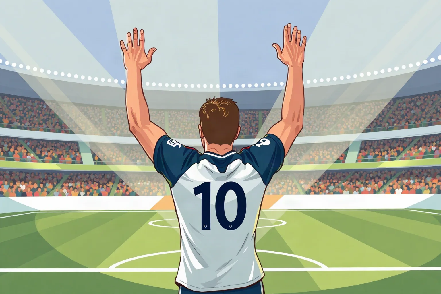 Illustration of a soccer player celebrating with arms raised on a World Cup stadium field