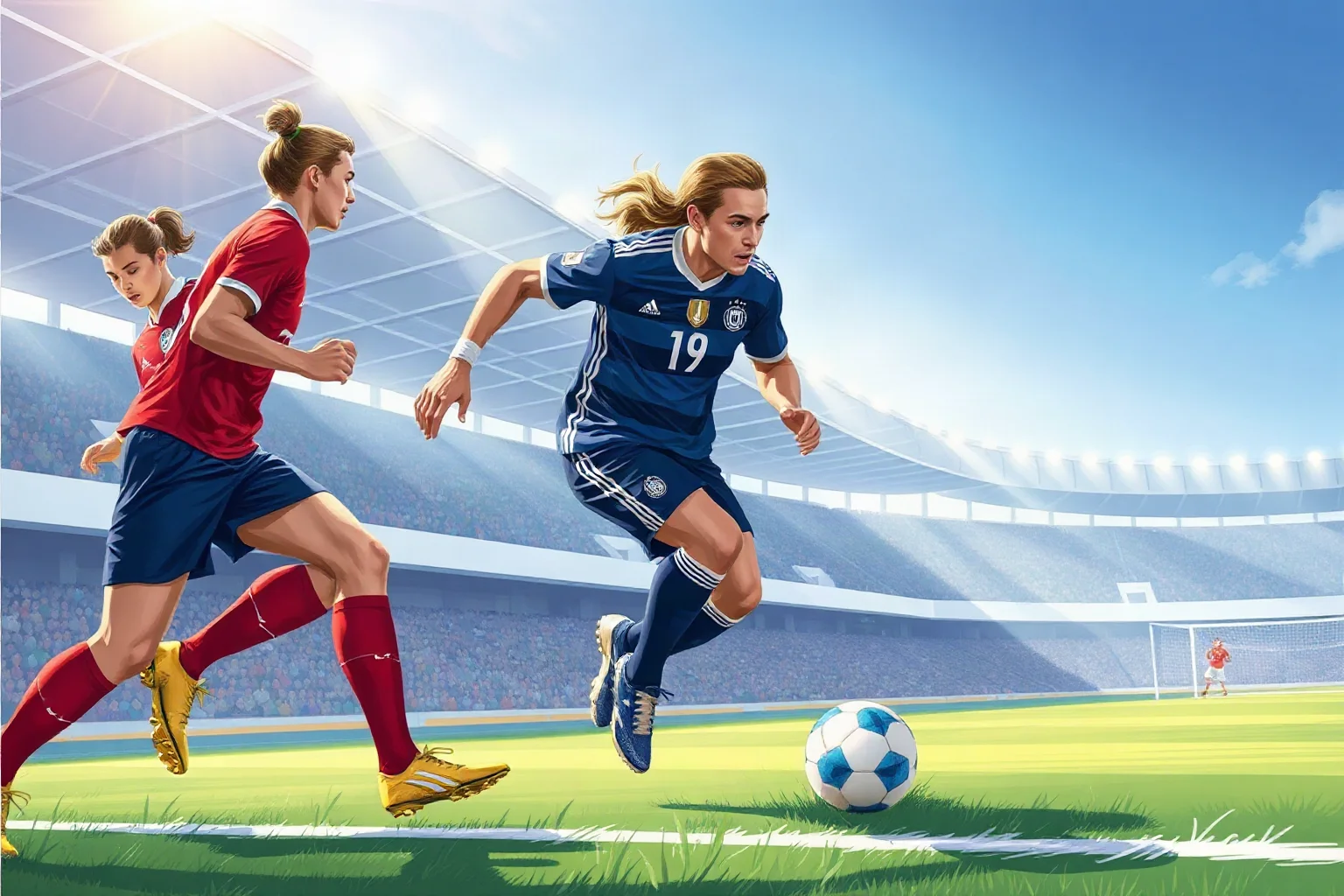 Illustration of a soccer player dribbling past defenders on a bright stadium field