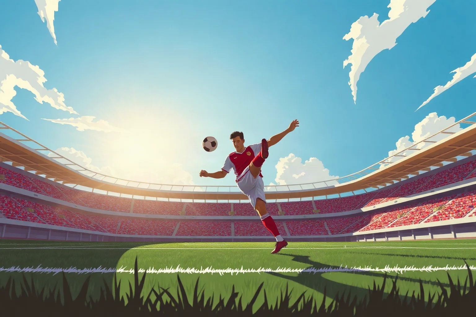 Illustration of a soccer player mid-kick on a sunlit stadium field, retro poster style