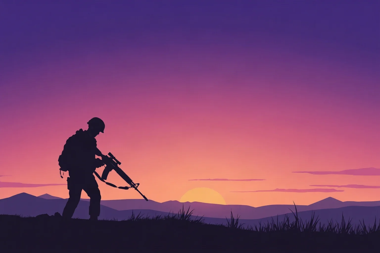 Illustration of a soldier lowering a rifle at a ceasefire line, calm sunset tone